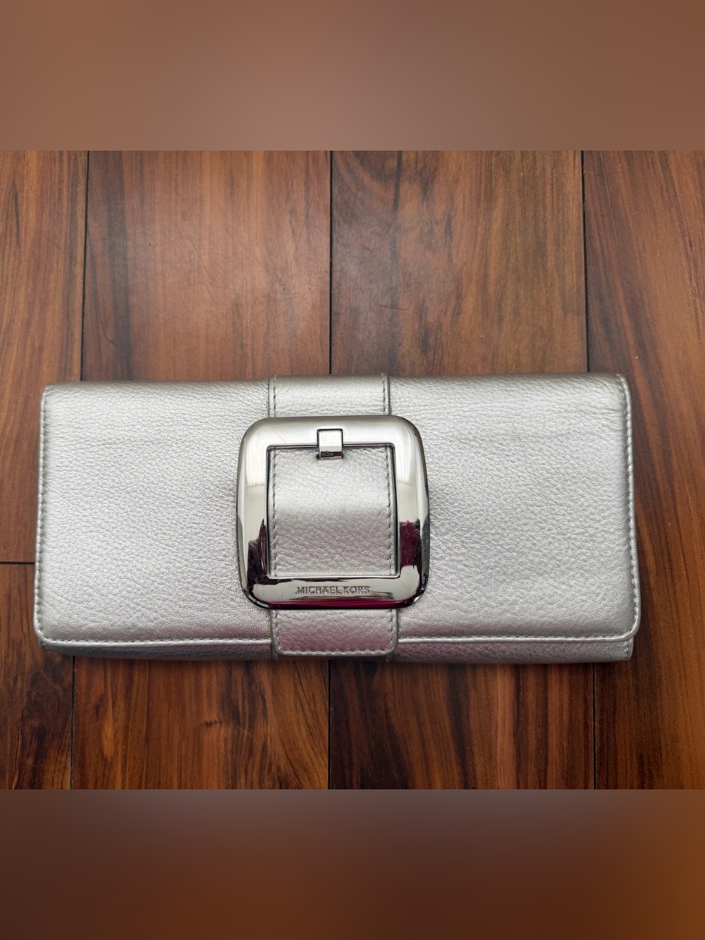 Michael Kors Metallic Silver Leather Continental Wallet Clutch with Buckle